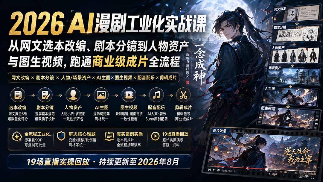 2026 AI漫剧工业化实战课-更新：从网文选本改编、剧本分镜到人物资产与图生视频，跑通商业级成片全流程 图1