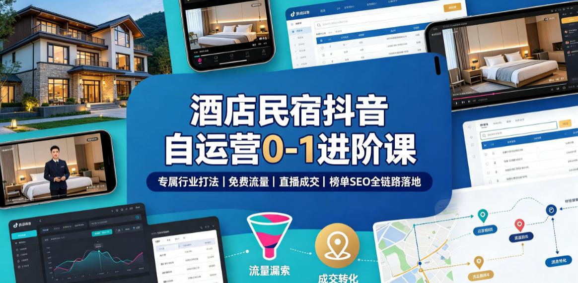 酒店民宿抖音自运营0-1进阶课｜专属行业打法、免费流量+直播成交+榜单SEO全链路落地 图1