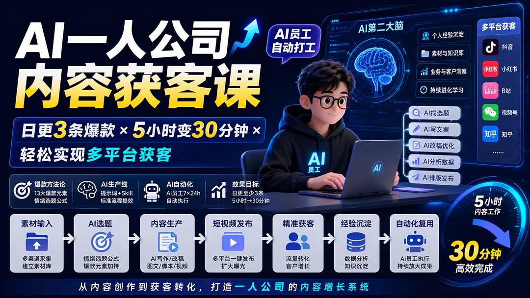 AI一人公司内容获客课-更新8月:日更3条爆款×5小时变30分钟×AI员工自动打工,轻松实现多平台获客 图1
