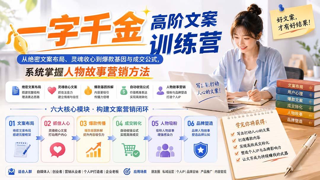 一字千金高阶文案训练营：从绝密文案布局、灵魂收心到爆款基因与成交公式，系统掌握人物故事营销方法 图1