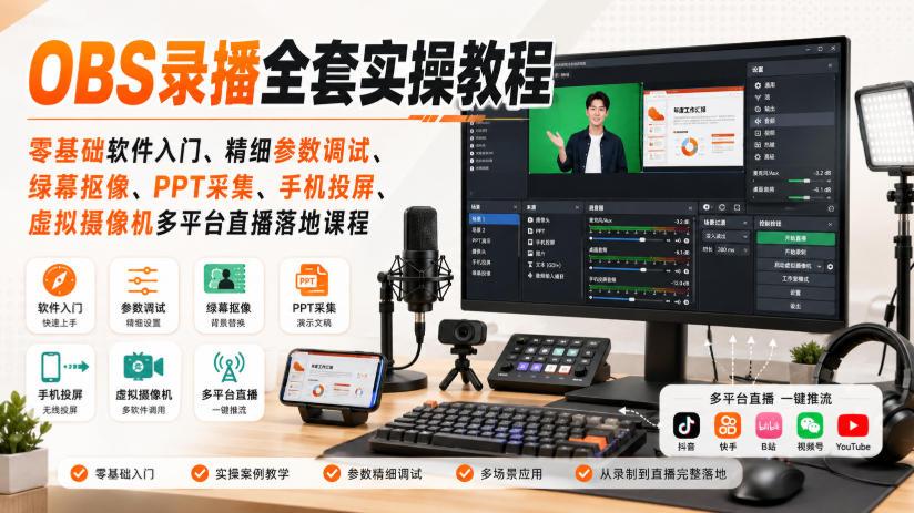 OBS录播全套实操教程｜零基础软件入门、精细参数调试、绿幕抠像、手机投屏、虚拟摄像机多平台直播落地课程 图1
