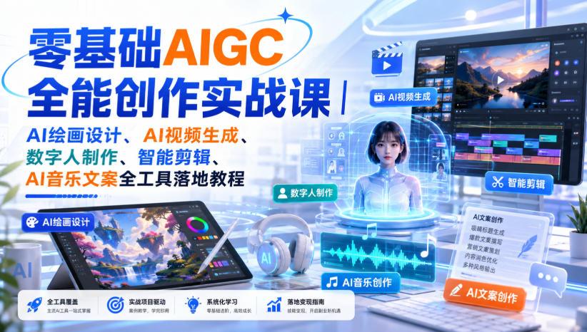 零基础AIGC全能创作实战课|AI绘画设计、AI视频生成、数字人制作、智能剪辑、AI音乐文案全工具落地教程 图1