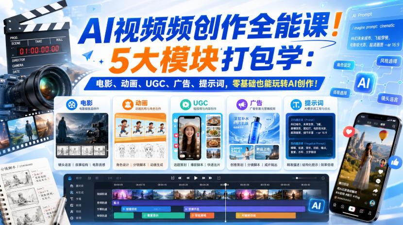 AI视频频创作全能课!5大模块打包学:电影、动画、UGC、广告、提示词,零基础也能玩转AI创作!【原创双语字幕】 图1