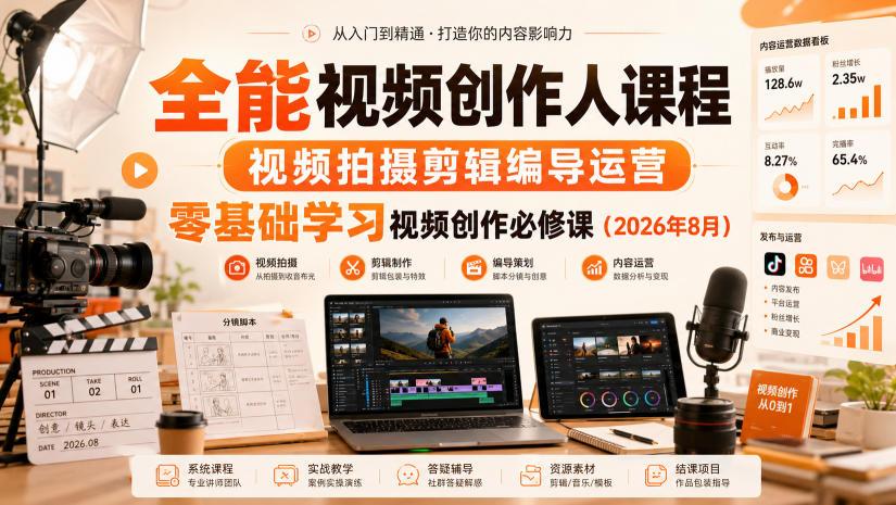全能视频创作人课程,视频拍摄剪辑编导运营,零基础学习视频创作必修课(2026年8月) 图1