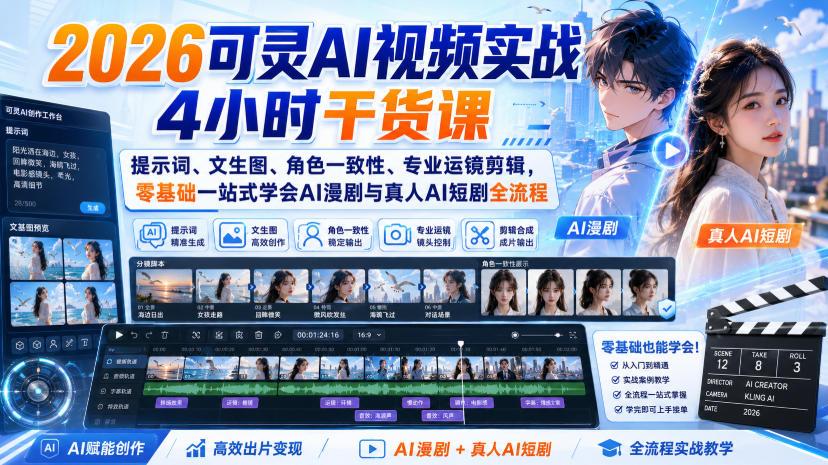 2026可灵AI视频实战4小时干货课|提示词、文生图、角色一致性、专业运镜剪辑,零基础一站式学会AI漫剧与真人AI短剧全流程 图1