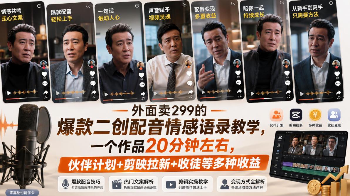 外面卖299的爆款二创配音情感语录教学,一个作品20分钟左右,伙伴计划+剪映拉新+收徒等多种收益 图1