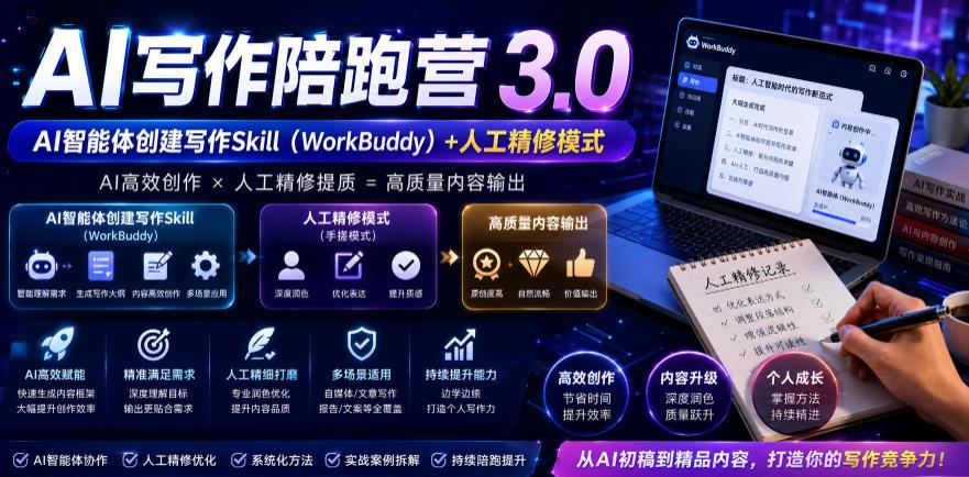AI写作陪跑营3.0,Ai智能体创建写作skill(workbuddy)+人工手写模式(手搓模式),去除AI痕迹(头条号、公众号、百家号)(更新0730) 图1