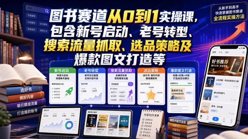 图书赛道从0到1实操课,包含新号启动、老号转型、搜索流量抓取、选品策略及爆款图文打造等 图1