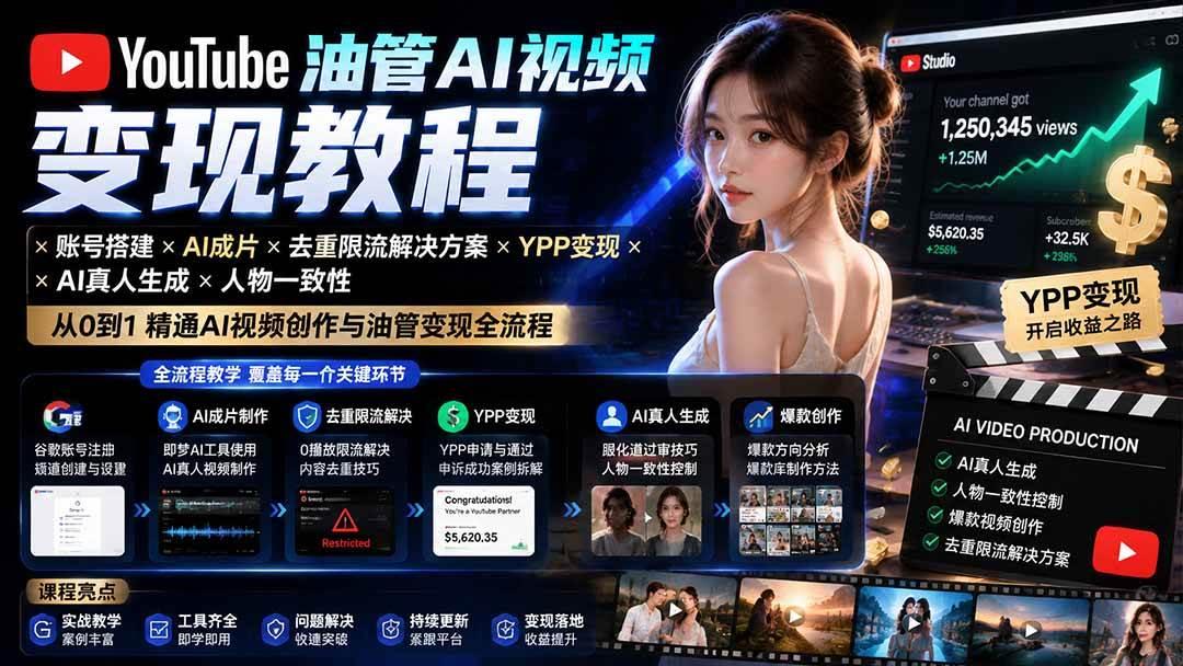 YouTube油管AI视频变现教程:账号搭建×AI成片×去重限流解决方案×YPP变现×AI真人生成×人物一致性 图1