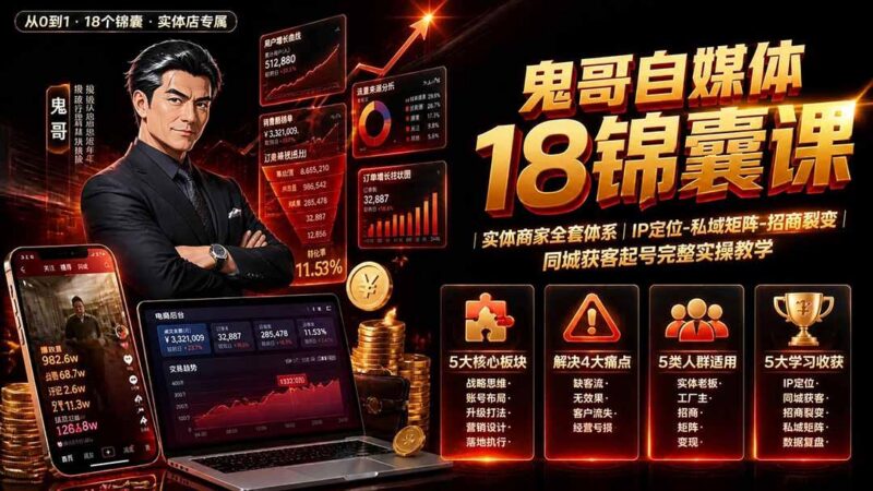 鬼哥自媒体18锦囊课|实体商家全套体系|IP 定位-私域矩阵-招商裂变|同城获客起号完整实操教学-三零资源
