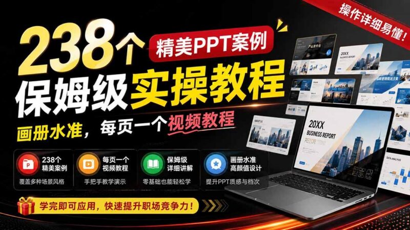 238个精美ppt案例保姆级实操教程:画册水准,每页一个视频教程,操作详细易懂!-三零资源