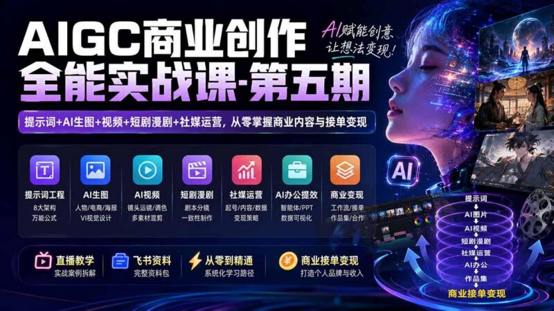 AIGC商业创作全能实战课-第五期:提示词+AI生图+视频+短剧漫剧+社媒运营,从零掌握商业内容与接单变现-三零资源