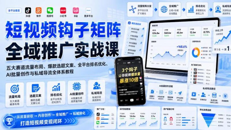 短视频钩子矩阵全域推广实战课｜五大赛道流量布局、爆款选题文案、全平台排名优化、AI批量创作与私域导流全体系教程-三零资源