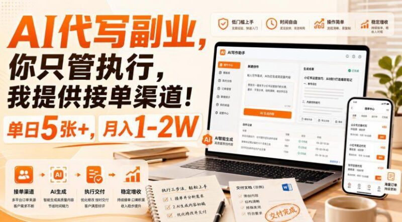 AI代写副业，你只管执行，我提供接单渠道！单日5张+，月入1-2W【揭秘】-三零资源