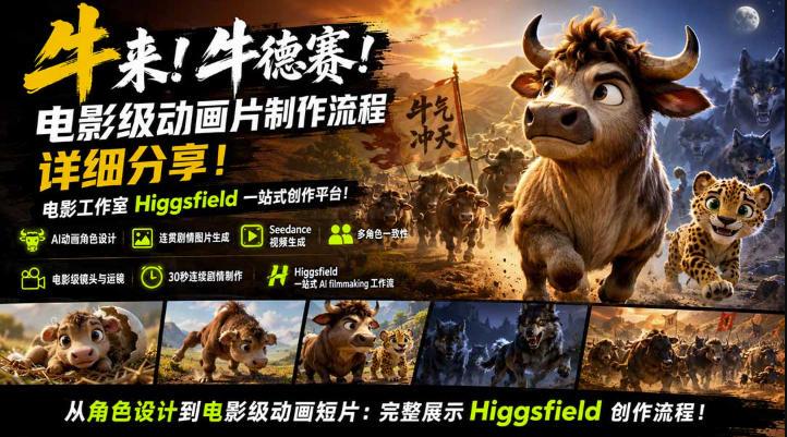 牛来!牛德赛!电影级动画片制作流程详细分享!电影工作室Higgsfield一站式创作平台,完整创作流程-三零资源