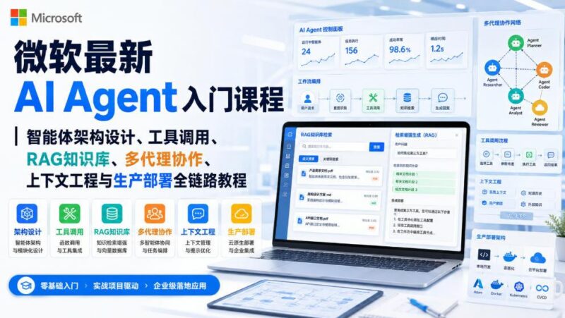 微软最新AI Agent入门课程｜智能体架构设计、工具调用、RAG知识库、多代理协作、上下文工程与生产部署全链路教程【英文】 三零资源-三零资源