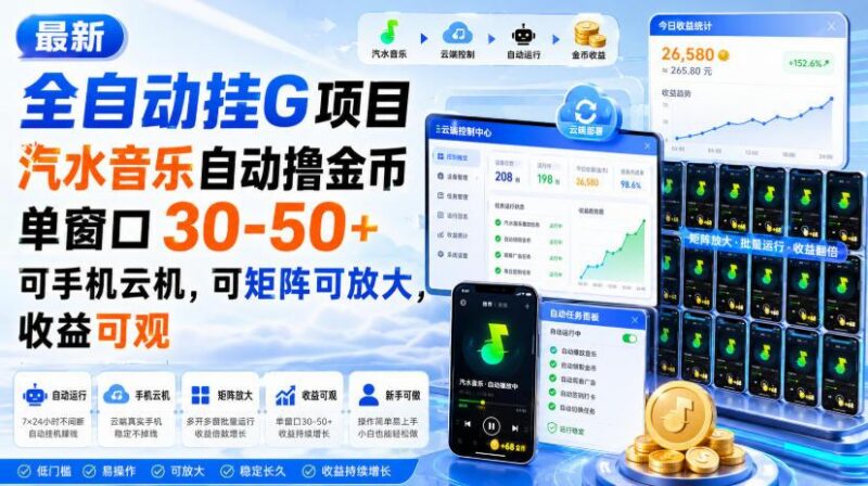 最新全自动挂G项目，汽水音乐自动撸金币单窗口30-50+，可手机云机，可矩阵可放大，收益可观 三零资源-三零资源