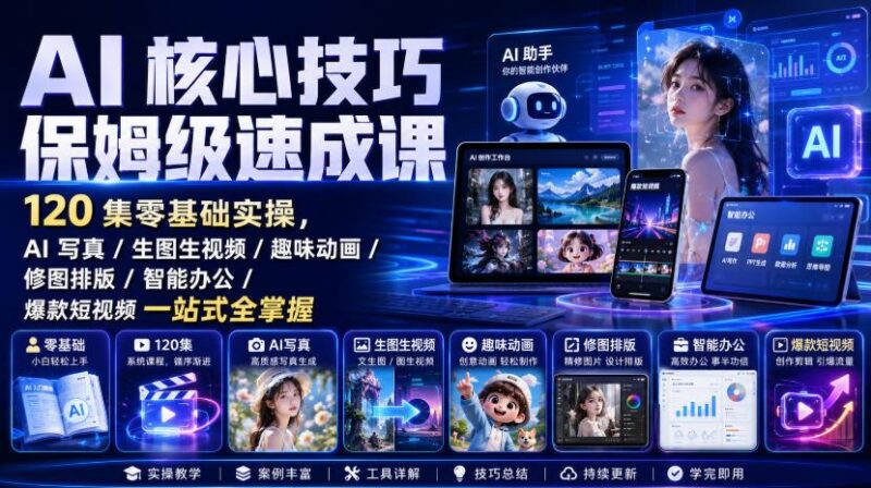 AI核心技巧保姆级速成课|120集零基础实操,AI写真/生图生视频/趣味动画/修图排版/智能办公/爆款短视频一站式全掌握(更新)-三零资源