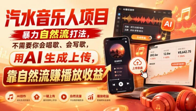 汽水音乐人项目,暴力自然流打法,不需要你会唱歌、会写歌,用AI生成上传,靠自然流賺播放收益-三零资源