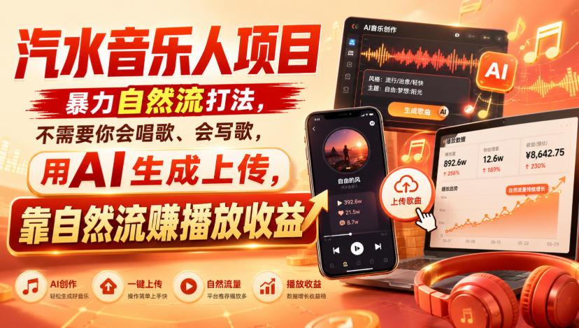 汽水音乐人项目,暴力自然流打法,不需要你会唱歌、会写歌,用AI生成上传,靠自然流賺播放收益