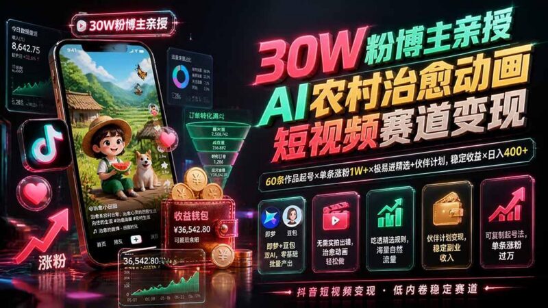 30W粉博主亲授AI农村治愈动画短视频赛道变现:60条作品起号×单条涨粉1W+×极易进精选+伙伴计划,稳定收益×日入400+-三零资源