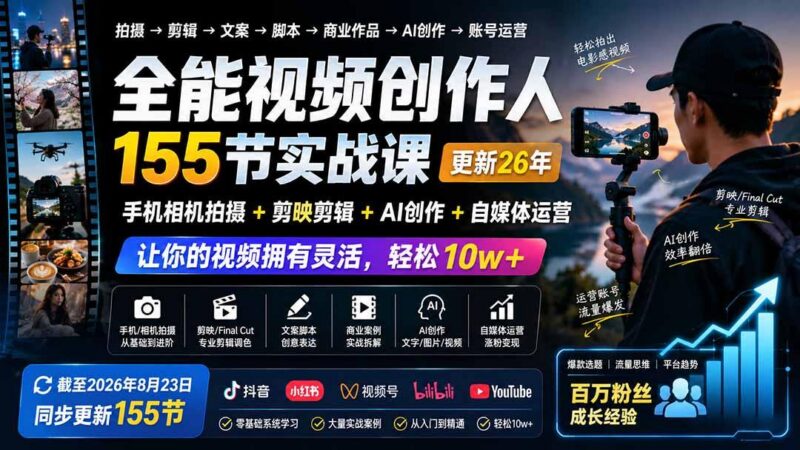 全能视频创作人155节实战课-更新26年8月:手机相机拍摄+剪映剪辑+AI创作+自媒体运营,让你的视频拥有灵活,轻松10w 三零资源-三零资源