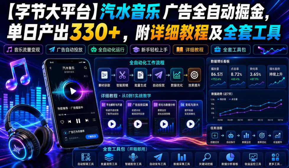 【字节大平台】汽水音乐广告全自动掘金,单日产出330+,附详细教程及全套工具【揭秘】