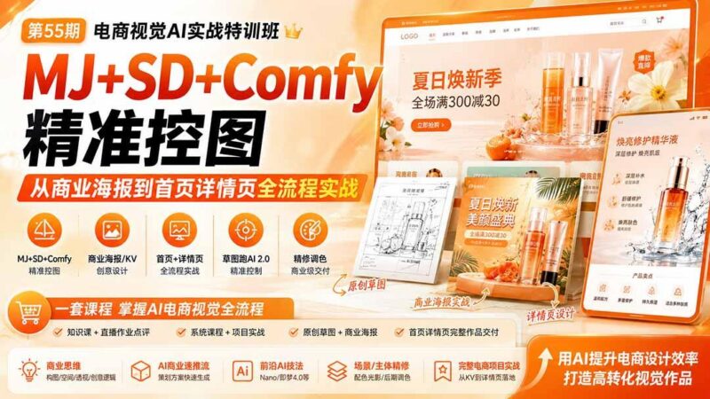 电商视觉 AI实战训练营第55期:MJ+SD+Comfy精准控图,从商业海报到首页详情页全流程实战-三零资源