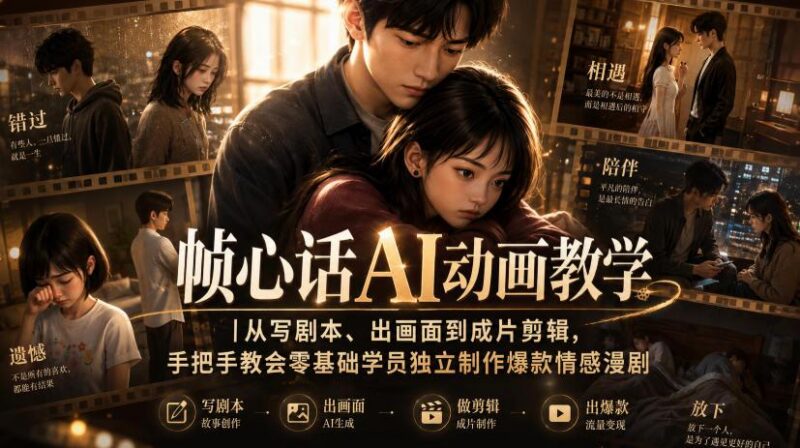 帧心话AI动画教学|从写剧本、出画面到成片剪辑,手把手教会零基础学员独立制作爆款情感漫剧 三零资源-三零资源