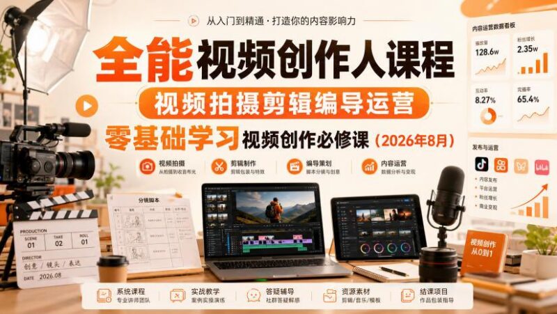 全能视频创作人课程，视频拍摄剪辑编导运营，零基础学习视频创作必修课(2026年8月)-三零资源