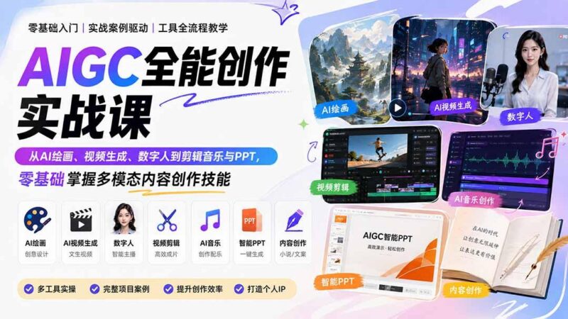 AIGC全能创作实战课：从AI绘画、视频生成、数字人到剪辑音乐与PPT，零基础掌握多模态内容创作技能-三零资源