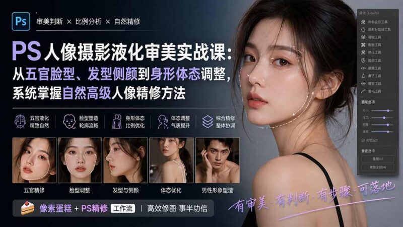 PS人像摄影液化审美实战课：从五官脸型、发型侧颜到身形体态调整，系统掌握自然高级人像精修方法-三零资源