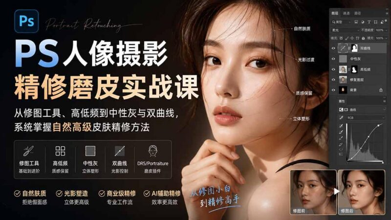 PS人像摄影精修磨皮实战课：从修图工具、高低频到中性灰与双曲线，系统掌握自然高级皮肤精修方法-三零资源
