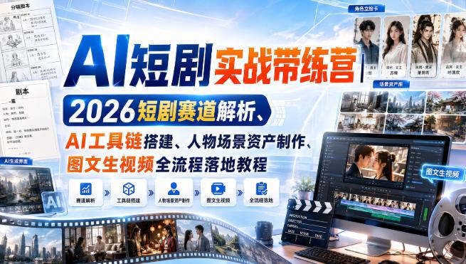 AI短剧实战带练营｜2026短剧赛道解析、AI工具链搭建、人物场景资产制作、图文生视频全流程落地教程-三零资源