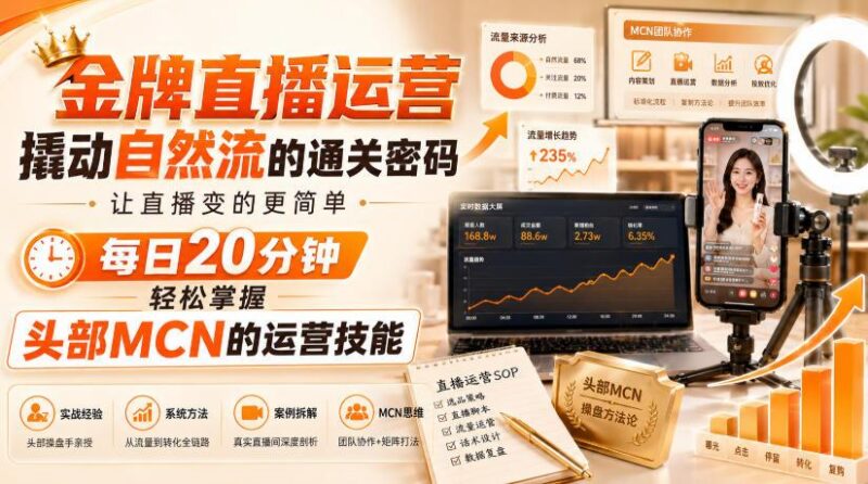 金牌直播运营撬动自然流的通关密码，让直播变的更简单，每日20分钟，轻松掌握头部MCN的运营技能-三零资源