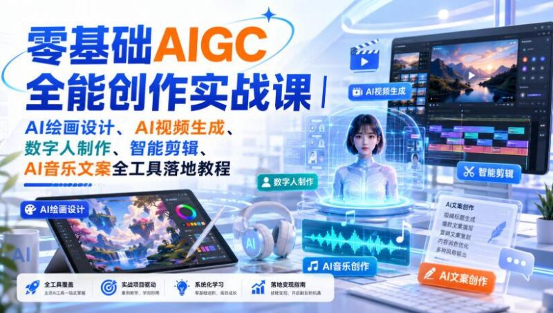 零基础AIGC全能创作实战课｜AI绘画设计、AI视频生成、数字人制作、智能剪辑、AI音乐文案全工具落地教程-三零资源