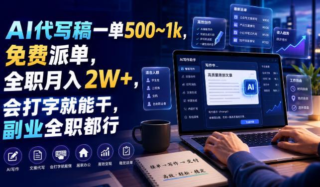 AI代写稿一单500~1k，免费派单，全职月入2W+，会打字就能干，副业全职都行【揭秘】 三零资源-三零资源
