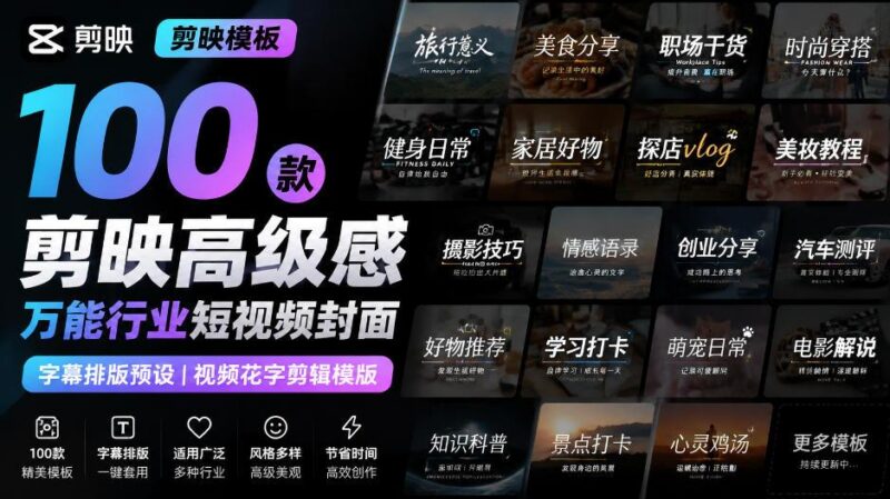 【剪映模板】100款剪映高级感万能行业短视频封面字幕排版预设视频花字剪辑模版-三零资源