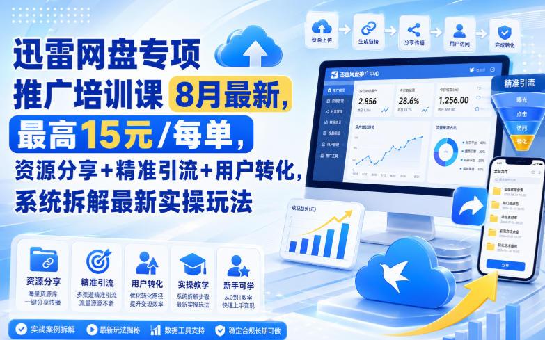 迅雷网盘专项推广培训课8月最新,最高15米/每单,资源分享+精准引流+用户转化,系统拆解最新实操玩法(更新0824)-三零资源