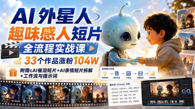 AI外星人趣味感人短片全流程实战课,33个作品涨粉104W,附赠AI催泪短片+AI亲情短片拆解+工作流与提示词