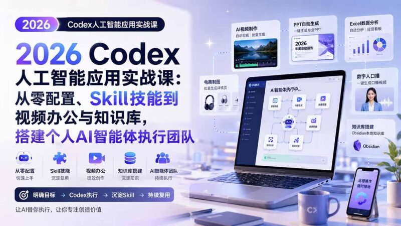 2026 Codex人工智能应用实战课:从零配置、Skill技能到视频办公与知识库,搭建个人AI智能体执行团队-三零资源
