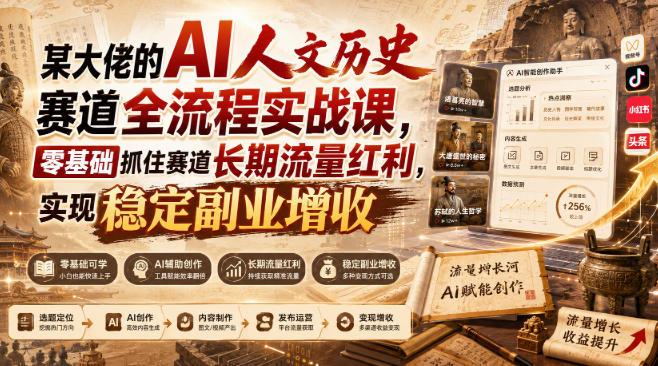 某大佬的AI人文历史赛道全流程实战课,零基础抓住赛道长期流量红利,实现稳定副业增收-三零资源