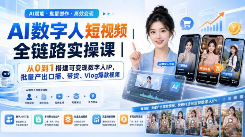 AI数字人短视频全链路实操课|从0到1搭建可变现数字人IP,批量产出口播、带货、Vlog爆款视频-三零资源