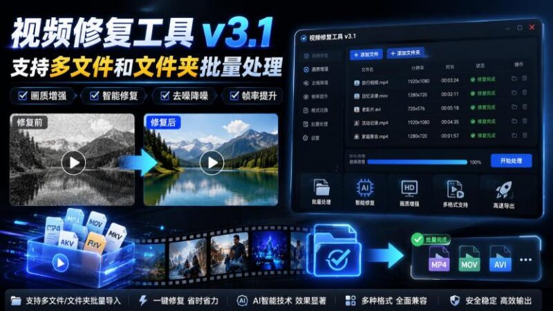 视频修复工具v3.1,支持多文件和文件夹批量处理 三零资源-三零资源