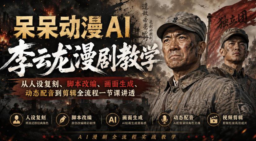 呆呆动漫AI李云龙漫剧教学,从人设复刻、脚本改编、画面生成、动态配音到剪辑全流程一节课讲透