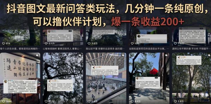 抖音图文最新问答类玩法,几分钟一条纯原创,可以撸伙伴计划,爆一条收益200+-三零资源