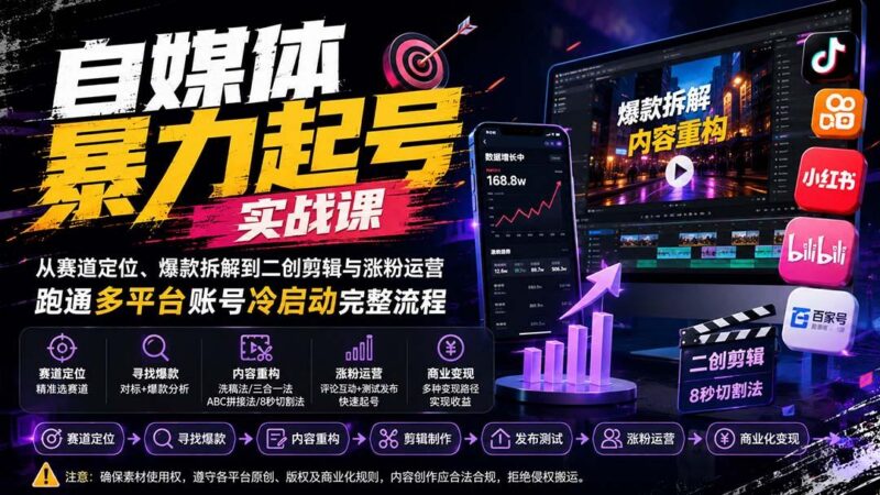 自媒体暴力起号实战课:从赛道定位、爆款拆解到二创剪辑与涨粉运营,跑通多平台账号冷启动完整流程-三零资源