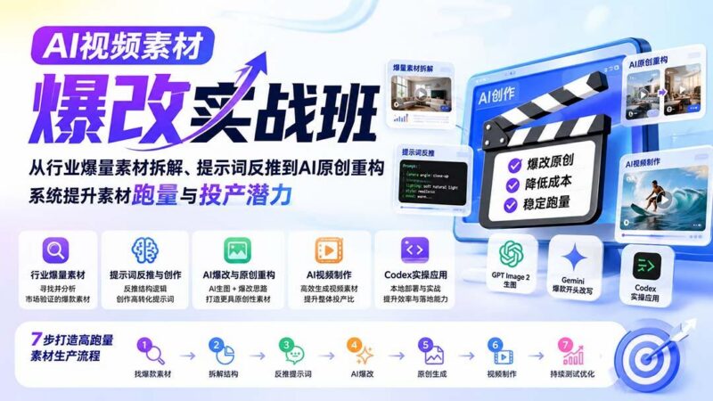 AI视频素材爆改实战班-更新8月:从行业爆量素材拆解、提示词反推到AI原创重构,系统提升素材跑量与投产潜力-三零资源