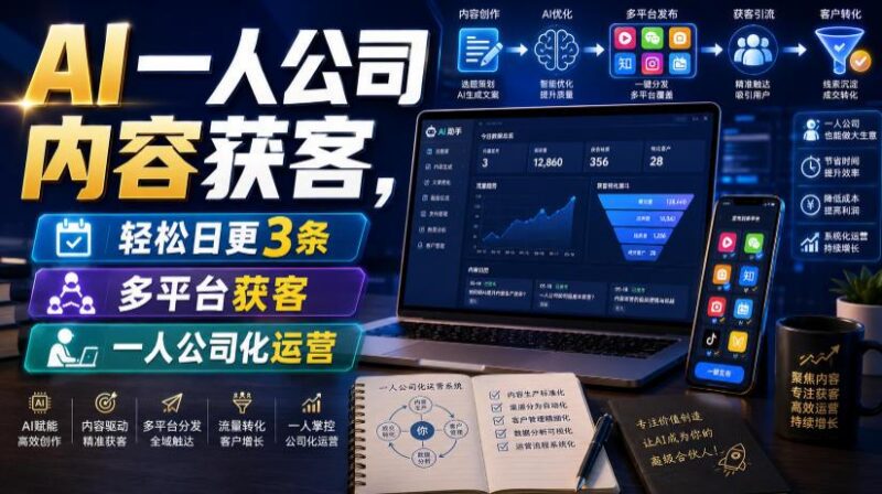 AI一人公司内容获客,轻松日更3条,多平台获客,一人公司化运营(更新0827)-三零资源