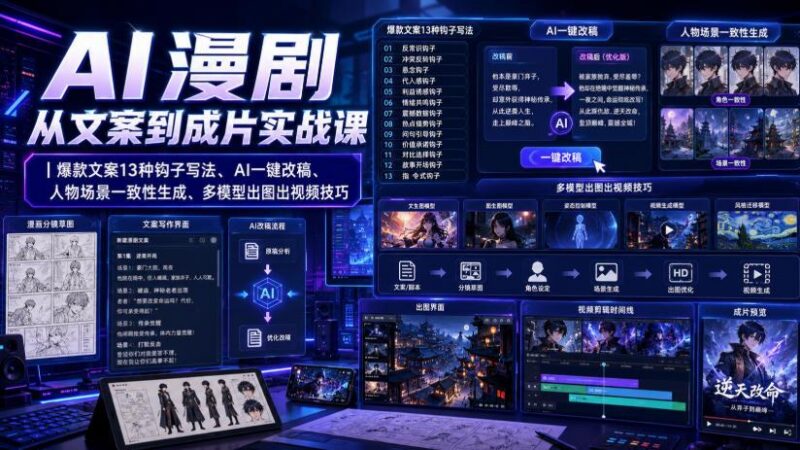 AI漫剧从文案到成片实战课|爆款文案13种钩子写法、AI一键改稿、人物场景一致性生成、多模型出图出视频技巧-三零资源